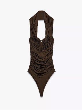 Zara Brown Ruched Halter Bodysuit